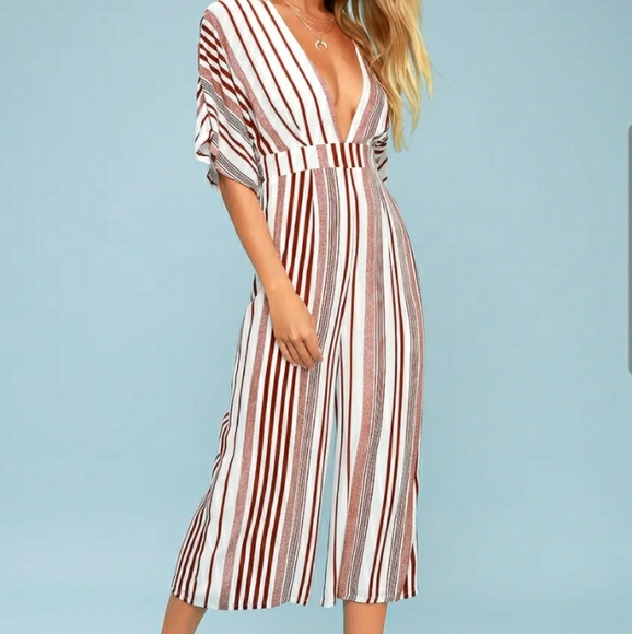 Lulus Hook Line Sinker Rust Red Striped Jumpsuit - Picture 2 of 9